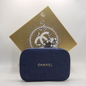Authentic Chanel Cosmetic Bag Blue Gold Gift Box